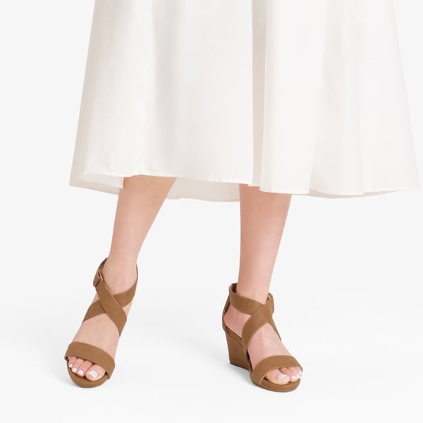 Elastic Ankle Strap Wedge Sandals - TAN NUBUCK - 1